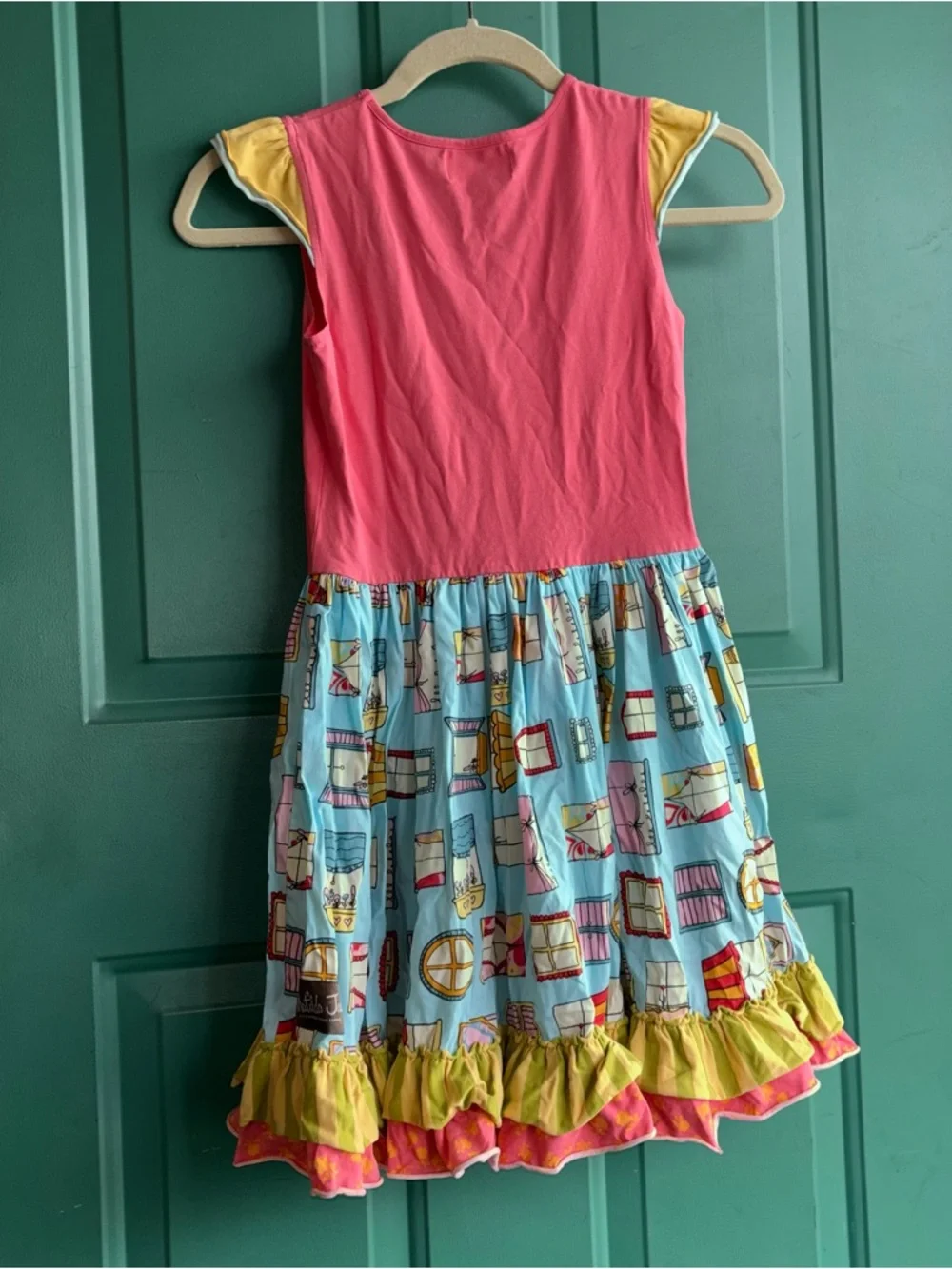 Matilda Jane 10 Girls Pink Bodice Blue Patterned Ruffle Hem Casual Dress